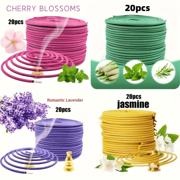20/80 pezzi di spirali per incenso naturali - Sakura, Gelsomino, Lavanda, Citronella - Lunga durata 3-4 ore - Per yoga, relax, meditazione, camera da letto e uso all'aperto