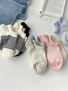 5 pares de calcetines cortos para mujer, calcetines midi a rayas, aptos para todas las estaciones, color aleatorio, calcetines de vuelta al cole para señoras - Multicolor - Ver 5