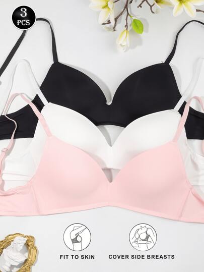 3 件套女士无钢圈提升文胸 - 无缝舒适，柔软透气面料，无钢圈和可拆卸肩带，纯色适合日常和场合穿着，舒适内衣，精致文胸，光滑质地文胸，灵活贴合文胸