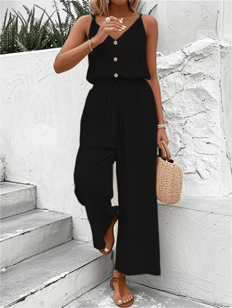 Women's Vacation Solid Color Button Design Waist Tie V-Neck Wide Leg Loose Casual Sleeveless Jumpsuit