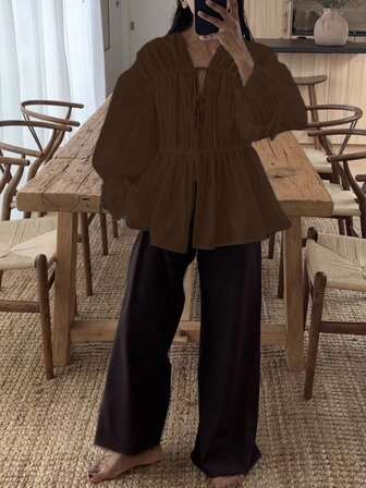 Women's Versatile Tie-Up Design Loose Blouse, Essential Fashion Item Not Picky On Skin Tone