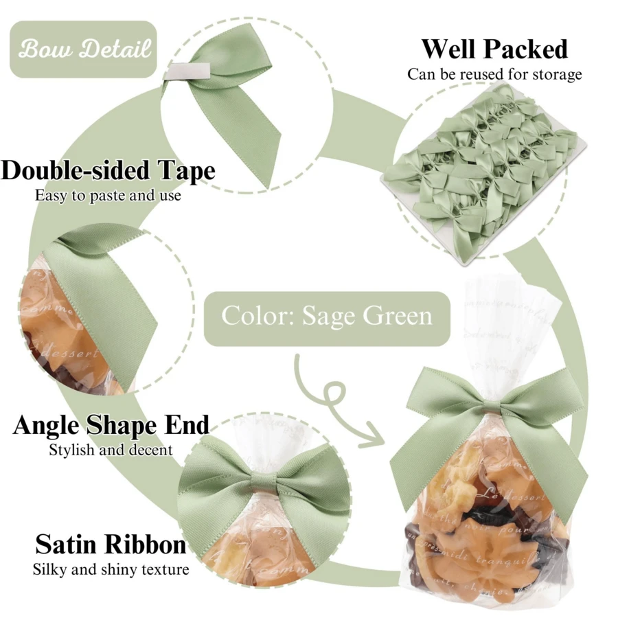 Sage Green Satin Ribbon Bow, For Party, Birthday Gathering And Wedding Decoration. Self-Adhesive Ribbon Bows For Gift Wrapping, Pre-Made Satin Bows With Double-Sided Tape, Suitable For Handicraft Making - Sage Green - View 1
