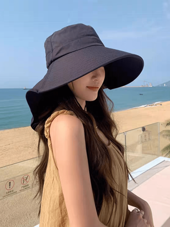 1 件女士夏季时尚太阳帽，男女通用户外徒步宽边渔夫帽，钓鱼防晒帽，带马尾辫孔和抽绳 - 透气涤纶，可调节闭合，适合户外和休闲穿着（防风扣颜色随机）