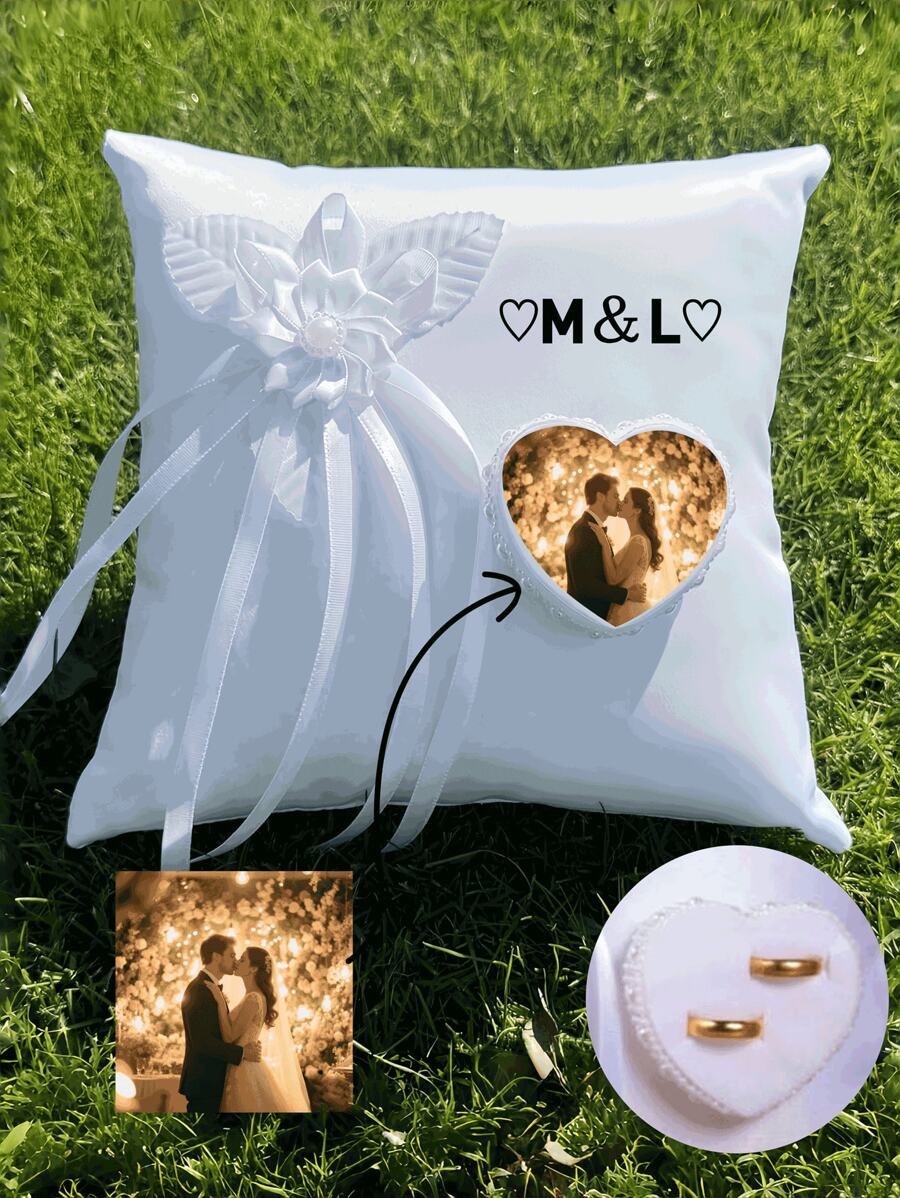 Pernă personalizată pentru verighete, pernă albă pătrată cu mugure de inel, suport pentru inele în formă de inimă cu camelie pentru accesorii de nuntă, potrivită pentru depozitarea inelelor de mireasă, depozitarea inelelor de cuplu, articole promoționale pentru magazine de bijuterii. Personalizabilă cu fotografii, nume, data nunții, sigla magazinului de bijuterii.