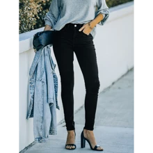 Local Delivery- Ladies' Casual Jeans Elegant High Elasticity Slim Fit Small Leg Jeans Dark Blue Mid Waist Jeans - 深藍色 - 查看 4