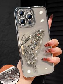 Funda de teléfono de lujo plateada transparente con soporte de purpurina con mariposa, estilo de cristales brillantes, cubierta suave a prueba de golpes de silicona, compatible con iPhone 16/16E/16 Pro/16 Pro Max/16 Plus/15/14/13/12/11/X/XS/XR/8/7, Galaxy S25/S24/S23/S22/S21/A55/A54/A53/A52/A35/A34/A23/A16/A15/A14/A13/A12/A05S/FE/Ultra/4G/5G, Redmi/Honor/MOTO/OPPO/Infinix y otras marcas, resistente al agua, a los golpes y a los arañazos