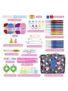HALMAN Juego completo de ganchillo,67pc, Juego de ganchos de ganchillo, accesorios de herramientas de tejido en bolsa de PU, Kit de Ganchos y Accesorios para Tejer, Kits De Croché, paquete completo de , Pompón de lana*2,Ganchillo de mango suave*9, Marcadores de puntada*10, Ganchillo con mango de plástico*8, Anillos circulares de conteo Ppen*10, Dedal*1,Contador de filas*2, Calibre de tejer*1,regla suave*1,Protector de pinta de agujas*4, Titular de la puntada*3, Cortar con tijeras*1, aguja de ojo grande*6,lana*5, Agujas con forma de lazo*3,  ideal para principiantes y aprendices de ganchillo, regalo para mujeres,adecuado para principiantes, textiles hechos a mano, regalos de cumpleaños - Multicolor - Ver 4