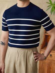 Men's Round Neck Striped Knitted Short Sleeve T-Shirt, Casual For Outdoor, Commuting & Leisure