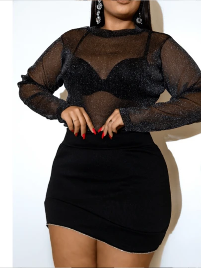 Blusa Tule Lurex Brilho Cortar e costurar Blingbling Transparente Palco e Concerto Plus Size