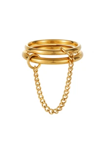 1pc 18K Gold Plated Stainless Steel Women's Double Ring Thick Chain Bohemian Style Ring, Beach Vacation Outfit, Valentine's Day Gift, Mother's Day Present