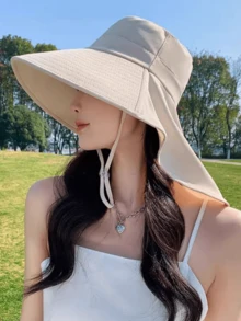 1 件女士夏季时尚太阳帽，男女通用户外徒步宽边渔夫帽，钓鱼防晒帽，带马尾辫孔和抽绳 - 透气涤纶，可调节闭合，适合户外和休闲穿着（防风扣颜色随机）