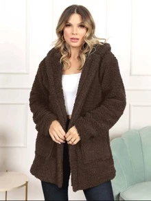 Women's Fur Coat Teddy Overcoat With Hood And Pockets Long Sleeve Fashion Super Shipping!! - 鏽棕色 - 查看 1