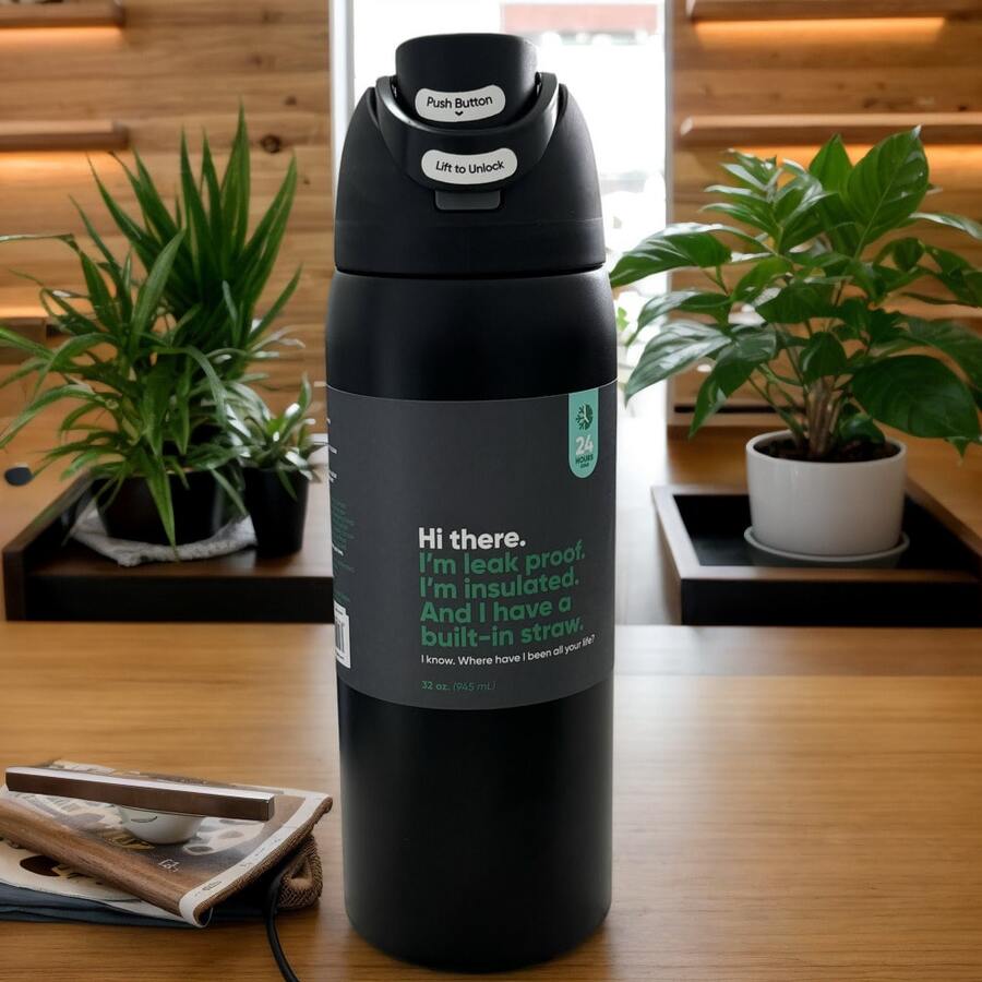 0-Walla 32oz/945ml Stainless Steel Insulated Travel Cup Double Drinking Ports Prevent Leakage, Keep Warm Or Cool, Multiple Colors Available, Energetic Hydration Without Burden, Suitable For Sports/Commuting/Daily Use - 黑色 - 查看 1