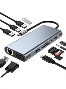 1pc 11-In-1 USB Hub, USB3.0 Computer Adapter Splitter, USB Charger, Network Port, Power Adapter, 5V 0.5A Charging Station, With SD/TF Card Reader, Type-C 3.1, PD 2.0/3.0 Fast Charging, Compatible With Laptops, Pro, IMac, IPad Pro And Other USB-C Devices