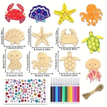 10pcs Unfinished Natural Wooden Sea Creature Pendants - Octopus, Starfish, Turtle, Crab - Ideal For Holiday Decor & Gifts, Perfect For Painting Or Staining, With Random Jute Rope Design