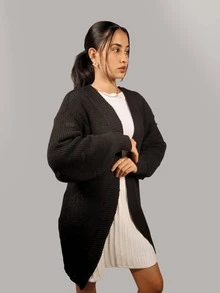 Women's Knitted Cardigan Open Knit Cold Coat Puff Sleeve Fang Stitch Winter Fashion 2025 - Black - View 4