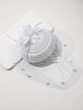 1pc, Faux Pearl Fascinator Hat, Vintage Elegant Style, Bridal Wedding Accessory, With Faux Feather And Net Detail, Special Occasion Headwear, Tiny Hats, Mini Fascinator, Mini Cap, Mini Top Hat, Derby Hat, Hair Accessories, School Stuff, Elegant, Head Piece, Rave Accessories, Gifts, Looks Of Party, Gala Night