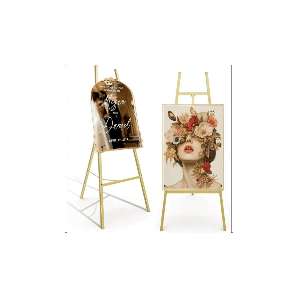 Caballete de exhibición dorado, atril metálico de gran resistencia con cadena ajustable, caballete de arte de 4 niveles de altura para pintura, carteles de boda y exhibición comercial