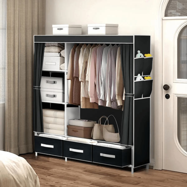 Tragbarer Kleiderschrank, staubdichter Schlafzimmerschrank, mit 3 Schubladen und 4 Einlegeböden, Aufbewahrung von Kleidung, 65 x 41 x 18 Zoll, einfach zu montieren, für den Einsatz in Zimmern geeignet,Schwarz