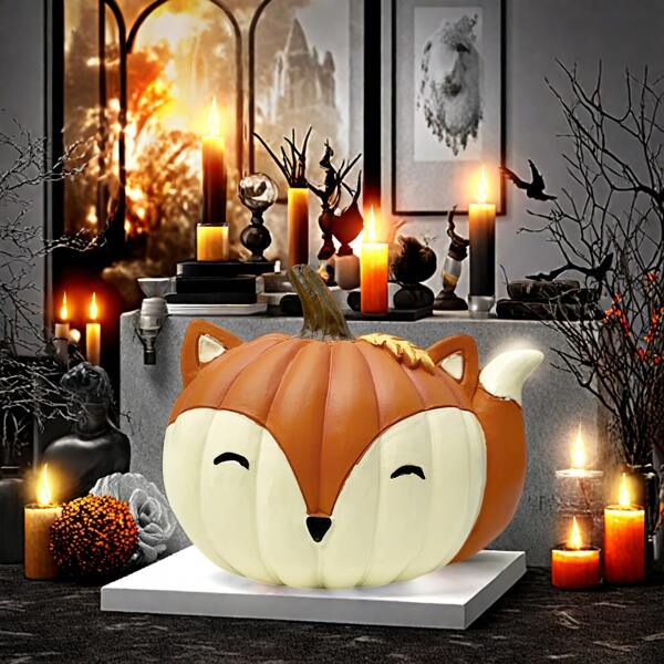 1 pièce Décoration d'Halloween Statuettes mignonnes de renard citrouille pour bureau, décorations de table de maison, cadeaux