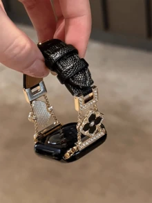 The New Leather Strap Is Compatible With Apple Watch Straps, Apple Watch 10/8/9/7/6/5/4/3/2/1 Series Straps, And Apple Watch Ultra40mm 44 41 45 49 42 38mm Women's Fashion Bracelet Accessories. Wearing It Is Neither Stuffy Nor Comfortable, Very Suitable For The Wrist - Black Gold - View 2