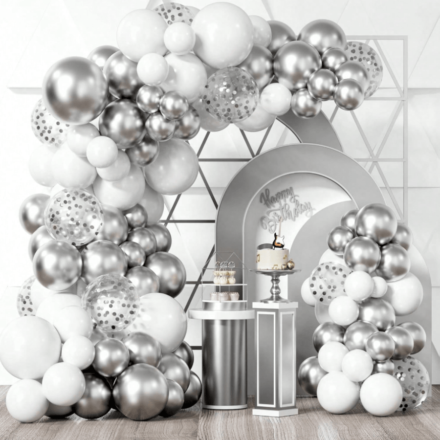 137pcs Silver Balloon Garland Kit, White & Silver Balloon Arch Kit With Silver Confetti Balloons, Ideal For Birthday Graduation Engagement Wedding Anniversary Party Decoration