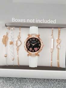 6 Stück/Set Quarz Sternenhimmel Zifferblatt Uhr mit PU Lederarmband und Seil mit schwarzen Perlen Liebe Armband, schwarze geometrische quadratische Figur, Blatt 5-teiliges Set, geeignet für den täglichen Lässig-Stil, einfach und elegant, die beste Wahl für Halloween, Weihnachten, Valentinstag, Muttertag, Urlaubsgeschenke