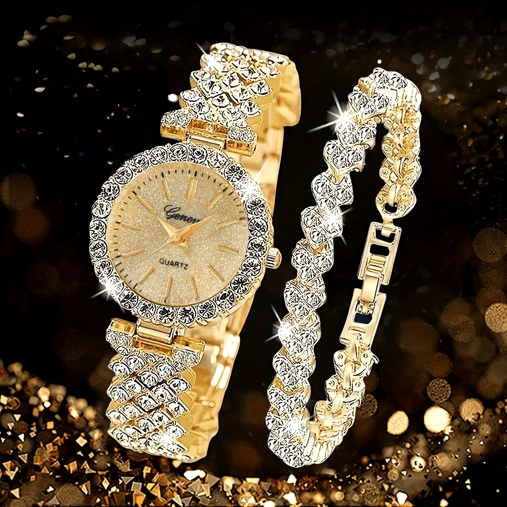 2pcs Women's Fashion Casual Roman Dial Full Diamond British Watch With Jewelry Accessories Set Fashion Rhinestone Bracelet Set Wedding Celebrations, Corporate Gifts, Annual Meetings, Employee Gifts, High-End Business Women, Daily Outfits, Birthday Gifts, Holiday Party Gifts, Parties, Beach Vacations, Valentine's Day Gifts, Women, Family, Friends, Lovers, Mothers, Students, Teenagers, Girls-The Perfect Gift