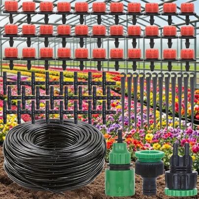 滴灌套件，适用于庭院、草坪、露台、温室的自动灌溉系统，带分配管软管的喷雾植物花园浇水系统