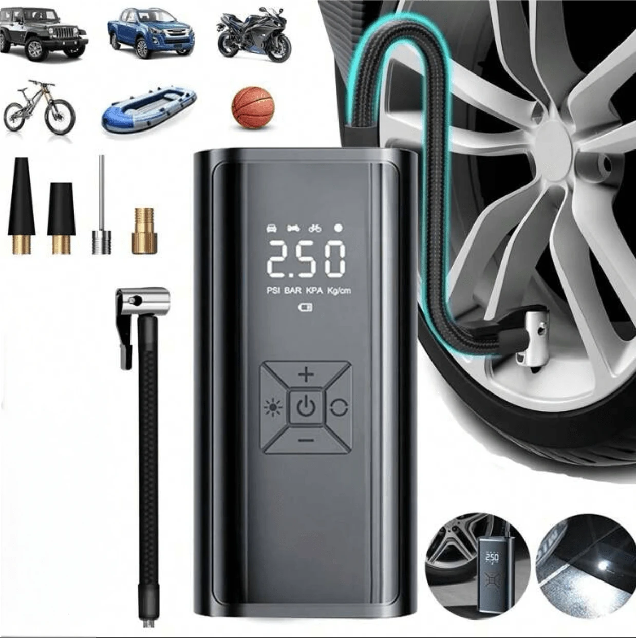 Portable Wireless Car Tire Inflator Pump, Smart Digital Display Air Compressor, Multi-Function Tire Inflation Pump With Pressure Gauge, Rechargeable Cordless Car Tire Inflator - Multicolor - View 1