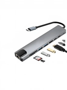 1 pieza Hub USB 8 en 1, base USB de oficina, adaptador USB 3.0 para computadora, cargador USB, adaptador de corriente, accesorios para computadora y móviles, estación de carga USB de 5V 0.5A, con lector de tarjetas SD/TF, Type C 3.1, carga rápida PD 2.0/3.0, compatible con laptops, Pro, iMac, iPad Pro y otros dispositivos USB-C - Plateado - Ver 5