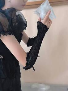 半双装女士时尚蕾丝荷叶边洛丽塔蕾丝手套，黑白网纱蝴蝶结袖套，露指手套，薄网纱防晒袖套，角色扮演配饰