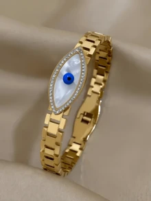 1 pieza Brazalete de acero inoxidable, brazalete con ojo turco de moda con piedras de cristal, joyería para mujeres y niñas - Dorado - Ver 1