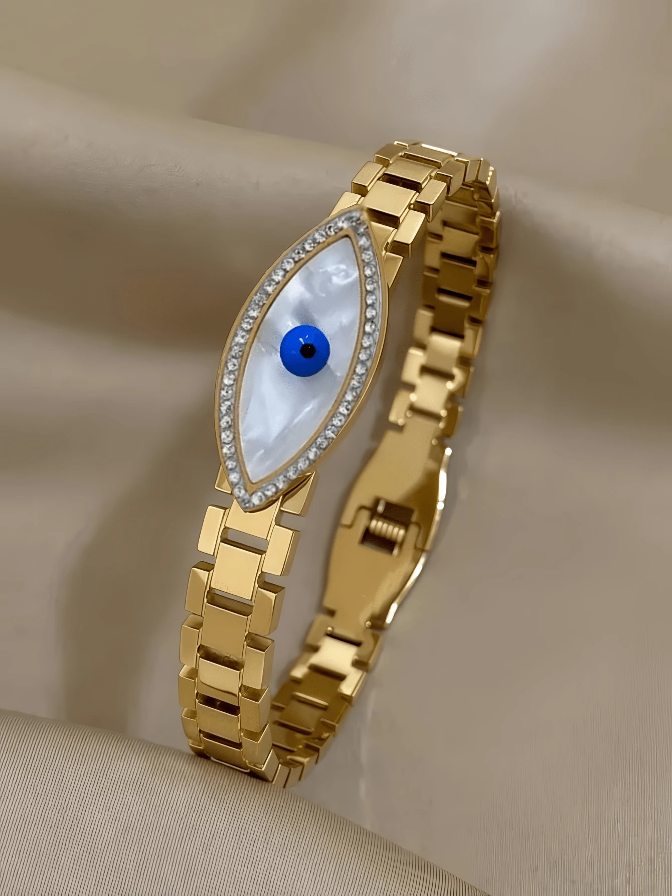 1 pieza Brazalete de acero inoxidable, brazalete con ojo turco de moda con piedras de cristal, joyería para mujeres y niñas - Dorado - Ver 1