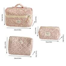 Neceser de maquillaje de terciopelo con estampado floral, bolsa con cremallera de tela con estampado floral, organizador de artículos de tocador de estilo campestre lindo para uso diario, hogar o viaje