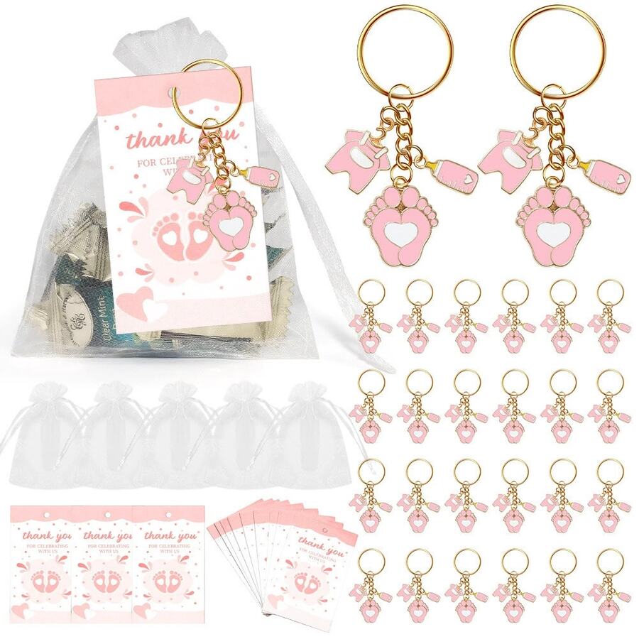 30pcs/10sets 10/20/30 Sets Baby Shower Favors With Design Key Chains With White Organza Bags And Thank You Tags Boys And Girls Baby Shower Party Favor Holiday Essentials Suitable For Shower Party Favors Birthdays And Event Decorations