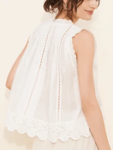 Women's Boho White Scallop Tank Top Lace Eyelet Embroidered Button Front Top Sleeveless Round Neck Loose Crop Top Summer Y2k Casual Going Out Top Beach Streetwear - 白色 - 查看 2