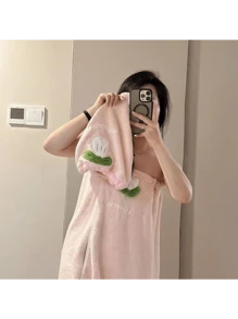 1pc/2pcs/3pcs Coral Fleece Wearable Bathrobe, Towel, Hair Drying Cap, Princess Hat, Towel Set, Tulip Embroidery Bathrobe Set