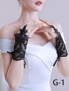 1 par de guantes cortos sin dedos con decoración de encaje y cristales para novia, para mujeres, accesorios de San Valentín, otoño