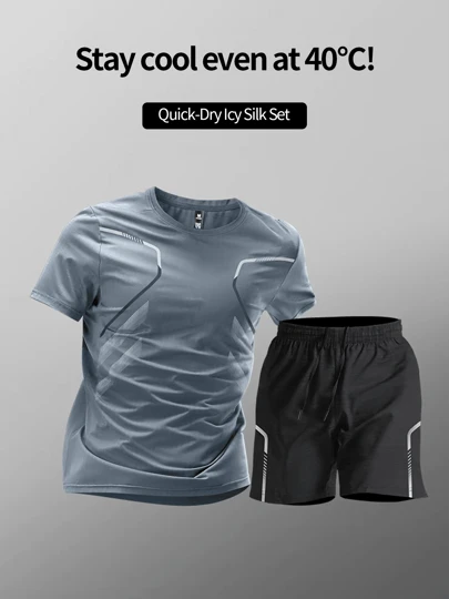 Men's Casual Sportswear Two Pieces Set, Printed Short Sleeved Round Neck T-Shirt And Striped Elastic Waist Pocket Shorts, Suitable For Running Training And Leisure Activities