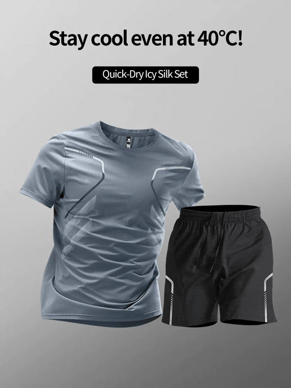 Men's Casual Sportswear Two Pieces Set, Printed Short Sleeved Round Neck T-Shirt And Striped Elastic Waist Pocket Shorts, Suitable For Running Training And Leisure Activities