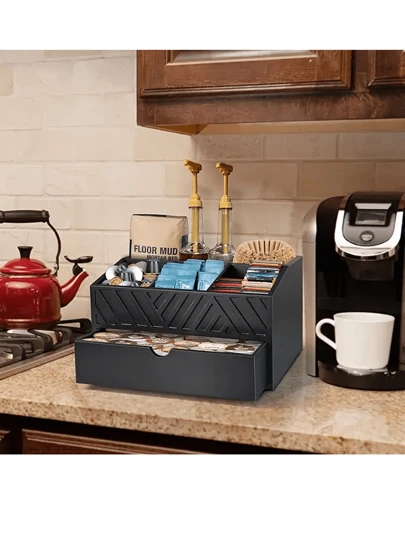 1 pieza Organizador de barra de café de madera rústica, soporte para cápsulas de café de encimera, caja de almacenamiento de sobremesa para café y condimentos de té, accesorio de granja para café, decoración de bar, organización y almacenamiento del hogar, decoración de habitación