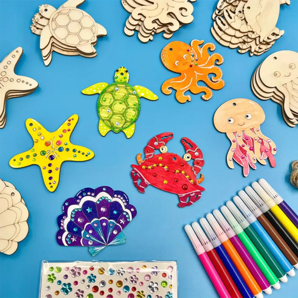 10pcs Unfinished Natural Wooden Sea Creature Pendants - Octopus, Starfish, Turtle, Crab - Ideal For Holiday Decor & Gifts, Perfect For Painting Or Staining, With Random Jute Rope Design