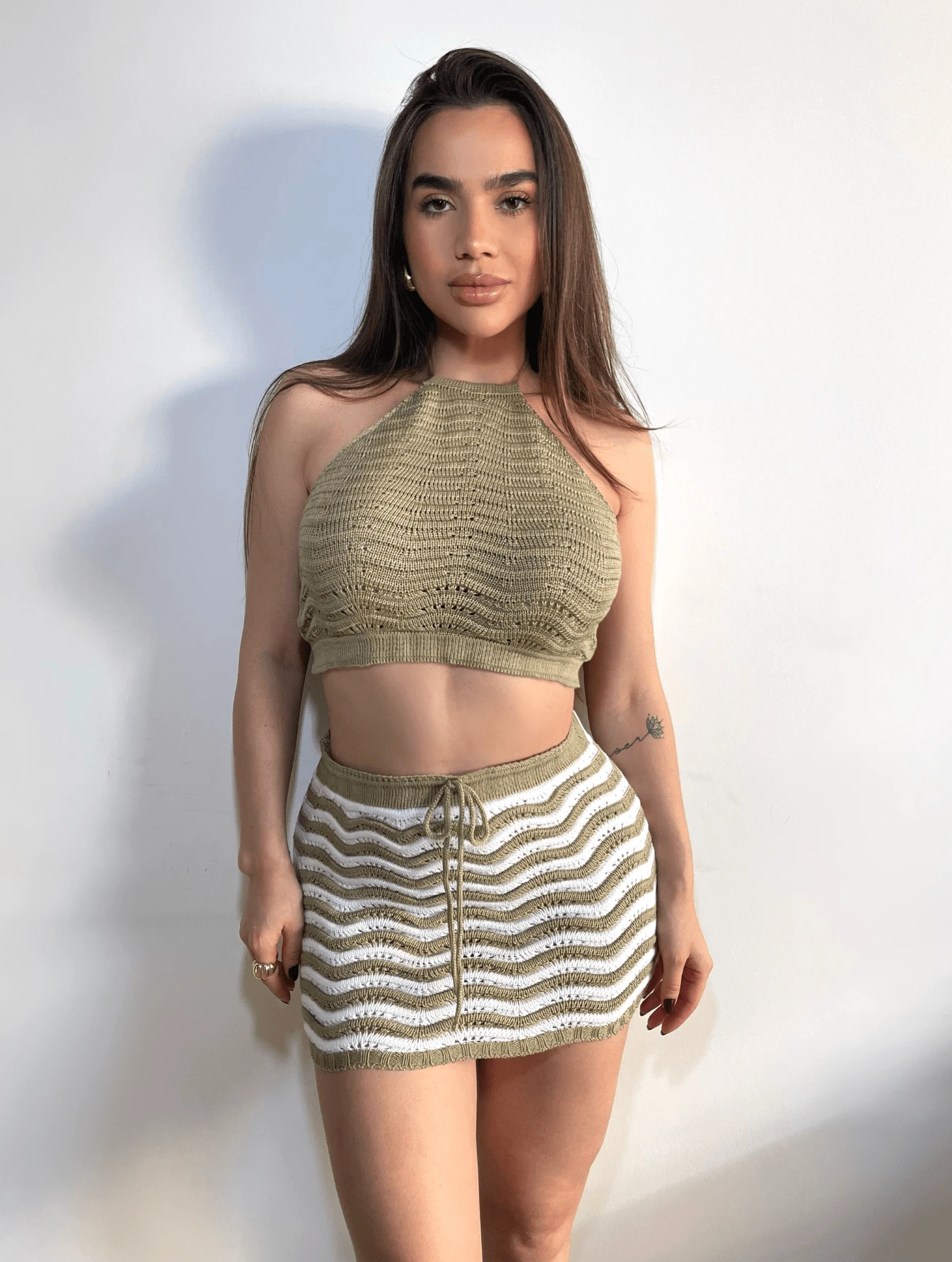 TRICOT PREMIUM Crochet Top Skirt Set Beach Casual Knitwear Beachwear Beach Vacation - 卡其色 - 查看 1
