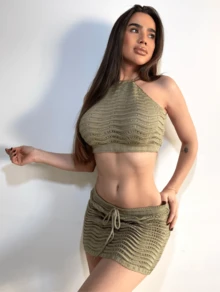 TRICOT PREMIUM Crochet Top Skirt Set Beach Casual Knitwear Beachwear Beach Vacation - 米色 - 查看 2