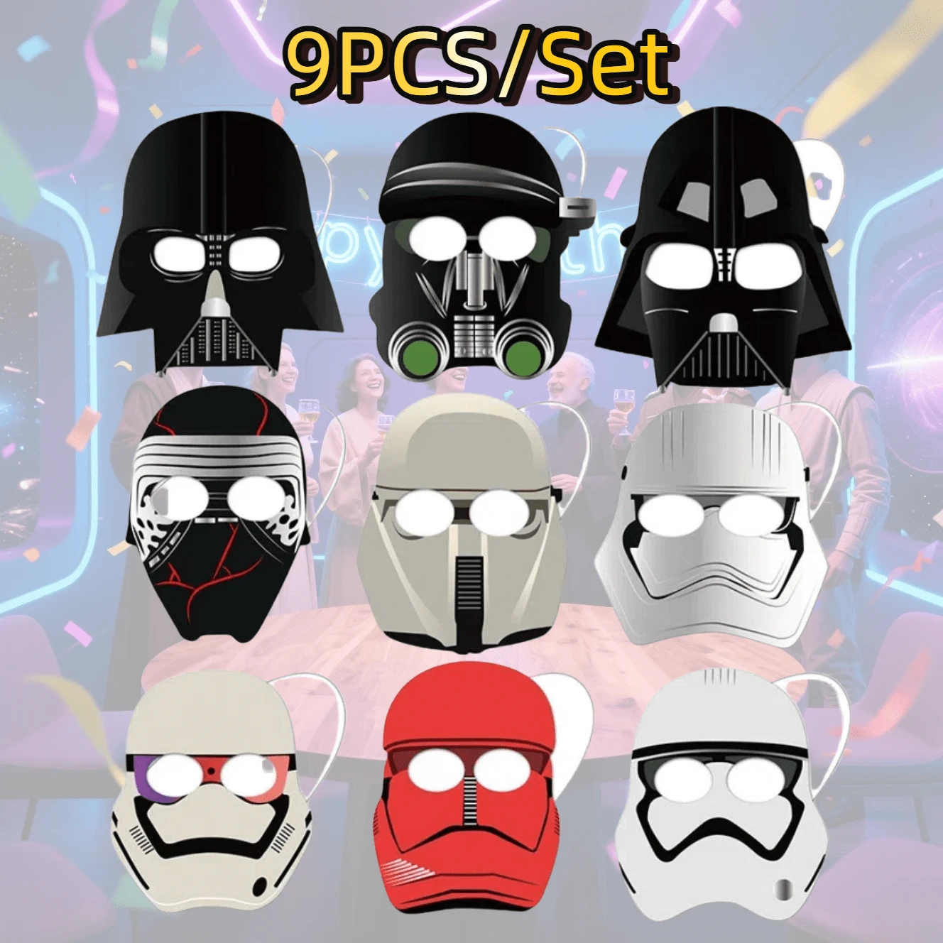 9pcs Star Wars Themed Birthday Party Supplies Mask Decoration, Halloween Costume Mask With Elastic Rope,Star Wars Black Samurai White Samurai Paper Mask, Halloween Party Dress Up Mask - Multicolor - View 1