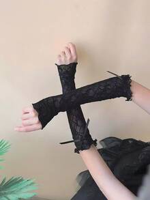 半双装女士时尚蕾丝荷叶边洛丽塔蕾丝手套，黑白网纱蝴蝶结袖套，露指手套，薄网纱防晒袖套，角色扮演配饰