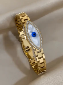 1 pieza Brazalete de acero inoxidable, brazalete con ojo turco de moda con piedras de cristal, joyería para mujeres y niñas - Dorado - Ver 3