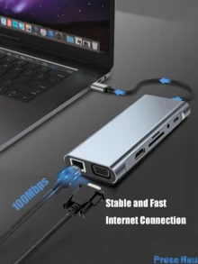 1pc 11-In-1 USB Hub, USB3.0 Computer Adapter Splitter, USB Charger, Network Port, Power Adapter, 5V 0.5A Charging Station, With SD/TF Card Reader, Type-C 3.1, PD 2.0/3.0 Fast Charging, Compatible With Laptops, Pro, IMac, IPad Pro And Other USB-C Devices