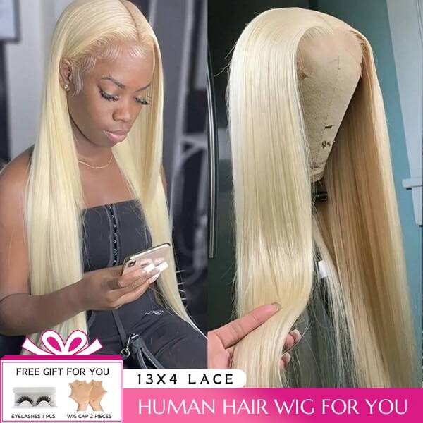13x4 HD Lace Front Wig - Brazilian Human Hair, 200% Density, 613 Blonde, Straight, Pre-Plucked, Natural Look, Suitable For All Light Beige Tones, Women's Wig For Casual Attire